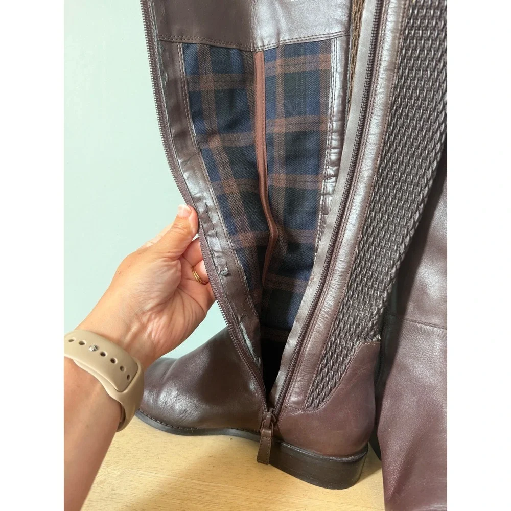 Cole Haan Rockland Brown Leather Woven Stretch Back Tall Riding Boots Size 6